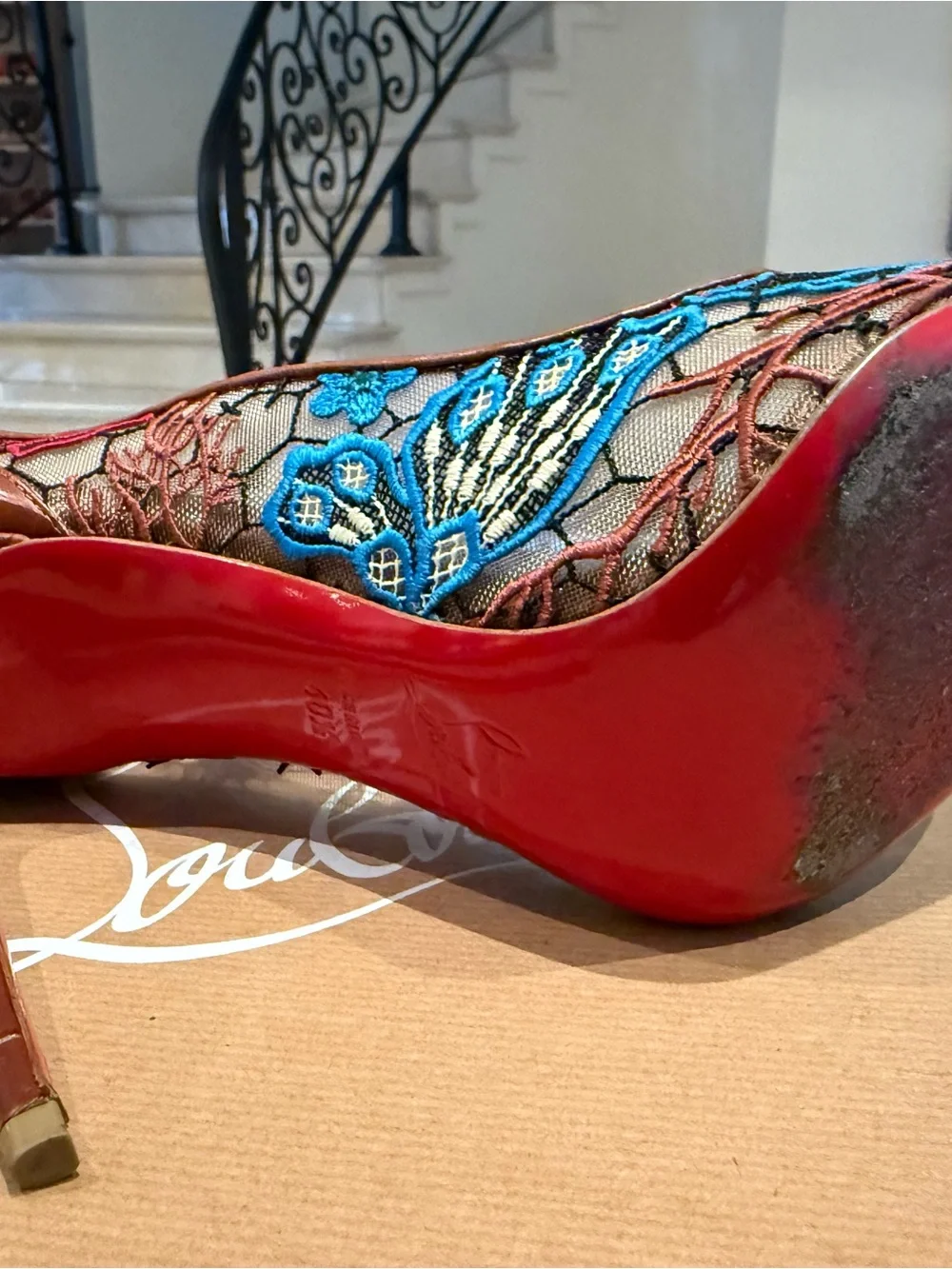 Christian Louboutin Blue and Green Embroidered Pointed Toe Pumps - Picture 7 of 8